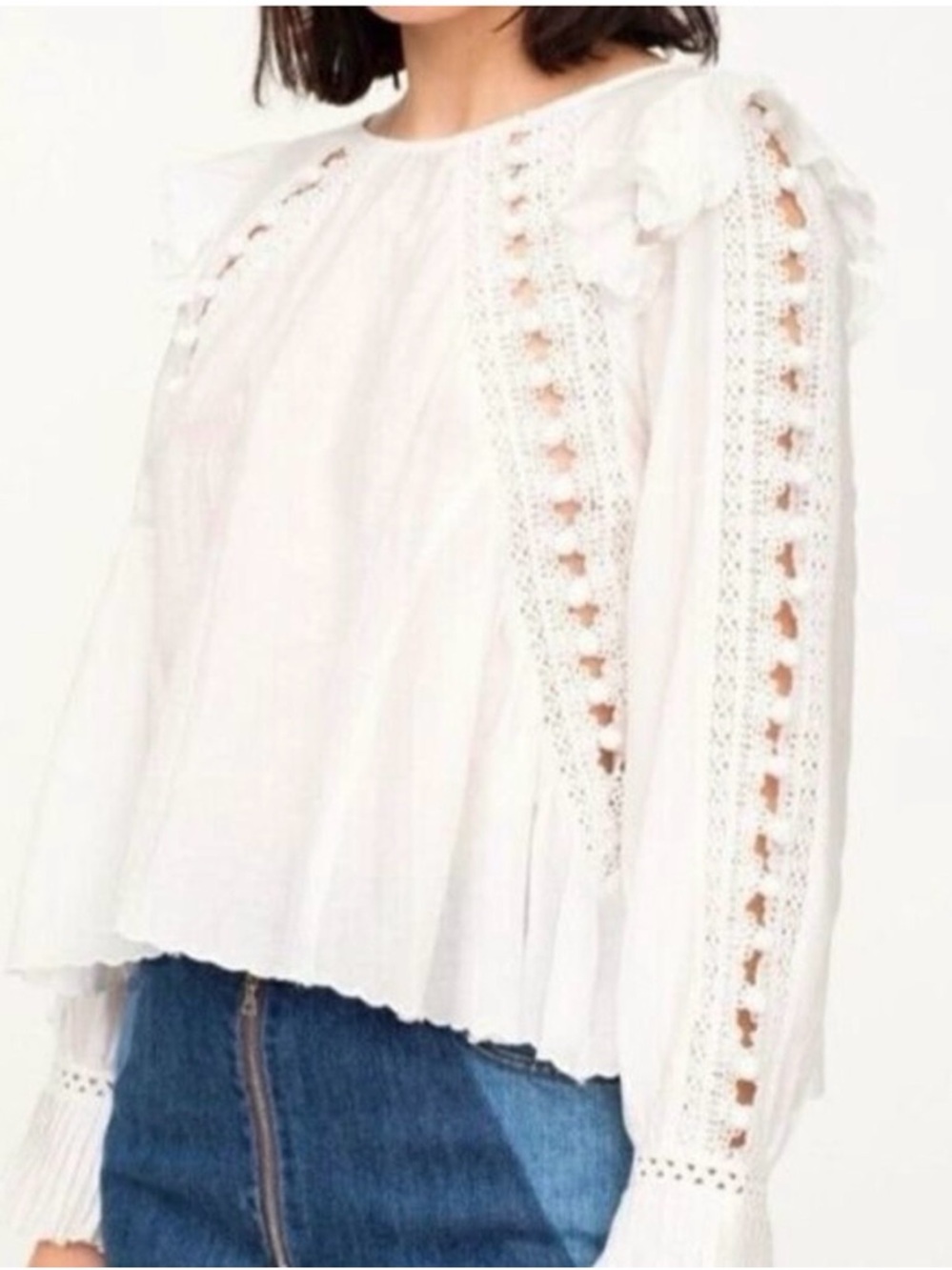 Sea New York White Lace-Trim Ruffled Long-Sleeve Blouse
